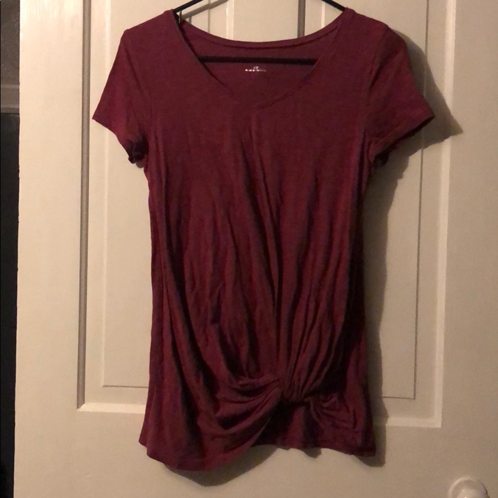 Burgundy Knot Front V Neck Shirt
